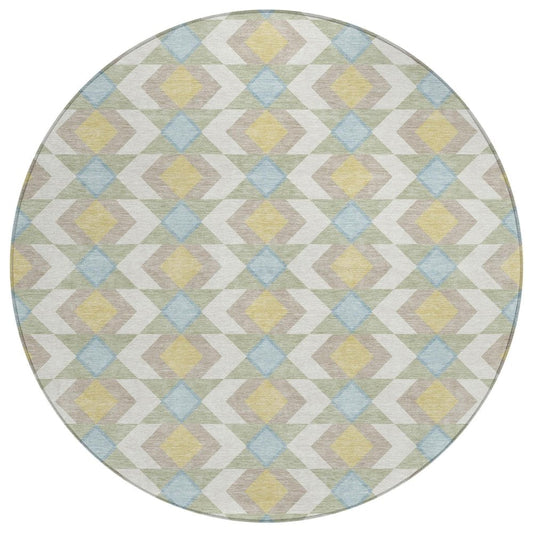 8' Ivory And Saffron Round Geometric Washable Indoor Outdoor Area Rug