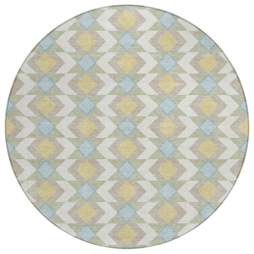 8' Ivory And Saffron Round Geometric Washable Indoor Outdoor Area Rug — view 1