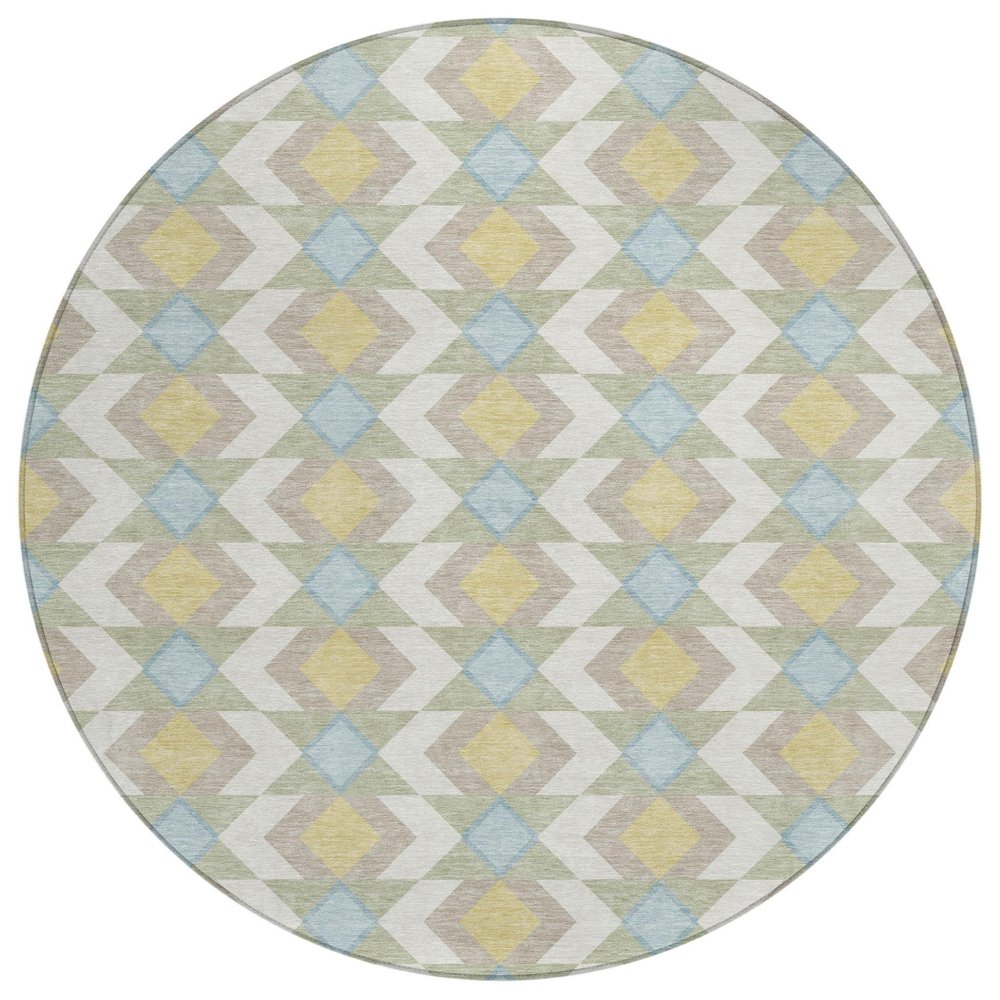 8' Ivory And Saffron Round Geometric Washable Indoor Outdoor Area Rug
