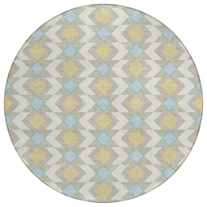 8' Ivory And Saffron Round Geometric Washable Indoor Outdoor Area Rug