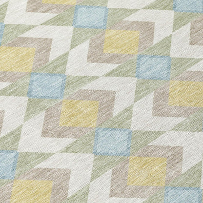 8' Ivory And Saffron Round Geometric Washable Indoor Outdoor Area Rug
