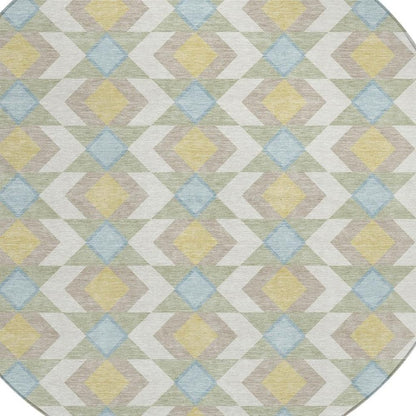 8' Ivory And Saffron Round Geometric Washable Indoor Outdoor Area Rug