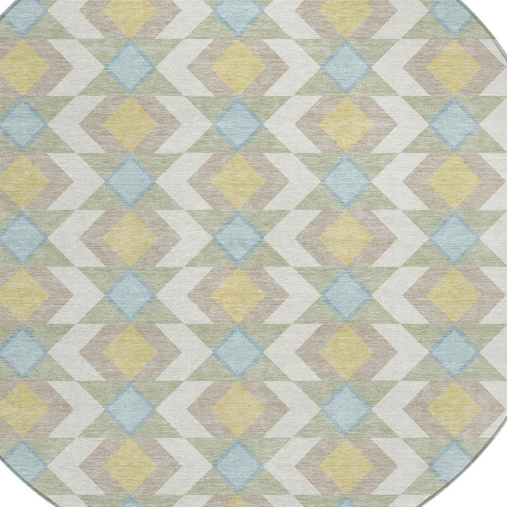 8' Ivory And Saffron Round Geometric Washable Indoor Outdoor Area Rug — view 4