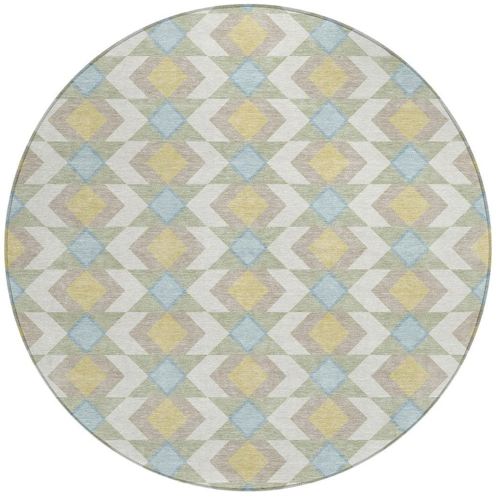 8' Ivory And Saffron Round Geometric Washable Indoor Outdoor Area Rug