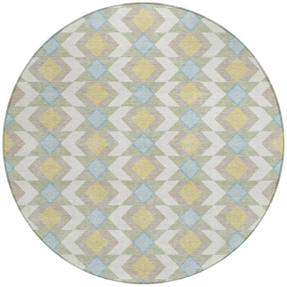 8' Ivory And Saffron Round Geometric Washable Indoor Outdoor Area Rug