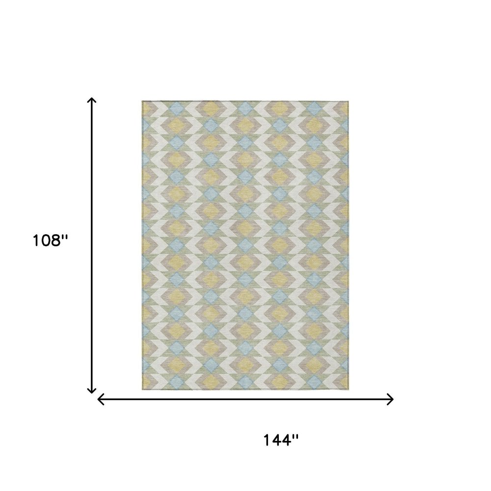 9' X 12' Ivory And Saffron Geometric Washable Indoor Outdoor Area Rug