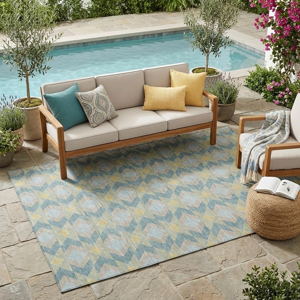 5' X 8' Teal Blue And Graphite Geometric Washable Indoor Outdoor Area Rug HomeRoots