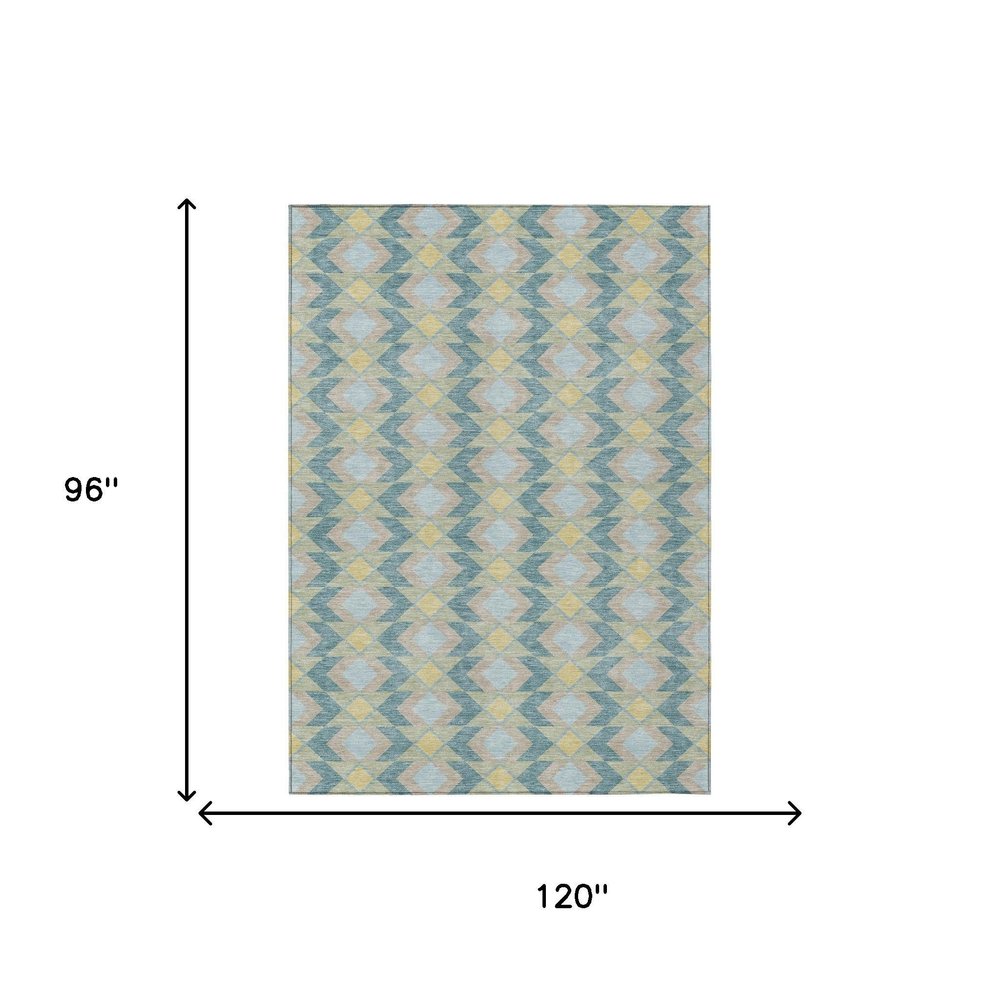 8' X 10' Teal Blue And Graphite Geometric Washable Indoor Outdoor Area Rug