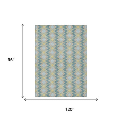 8' X 10' Teal Blue And Graphite Geometric Washable Indoor Outdoor Area Rug