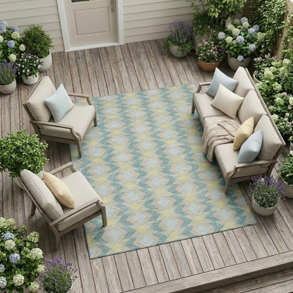 8' X 10' Teal Blue And Graphite Geometric Washable Indoor Outdoor Area Rug