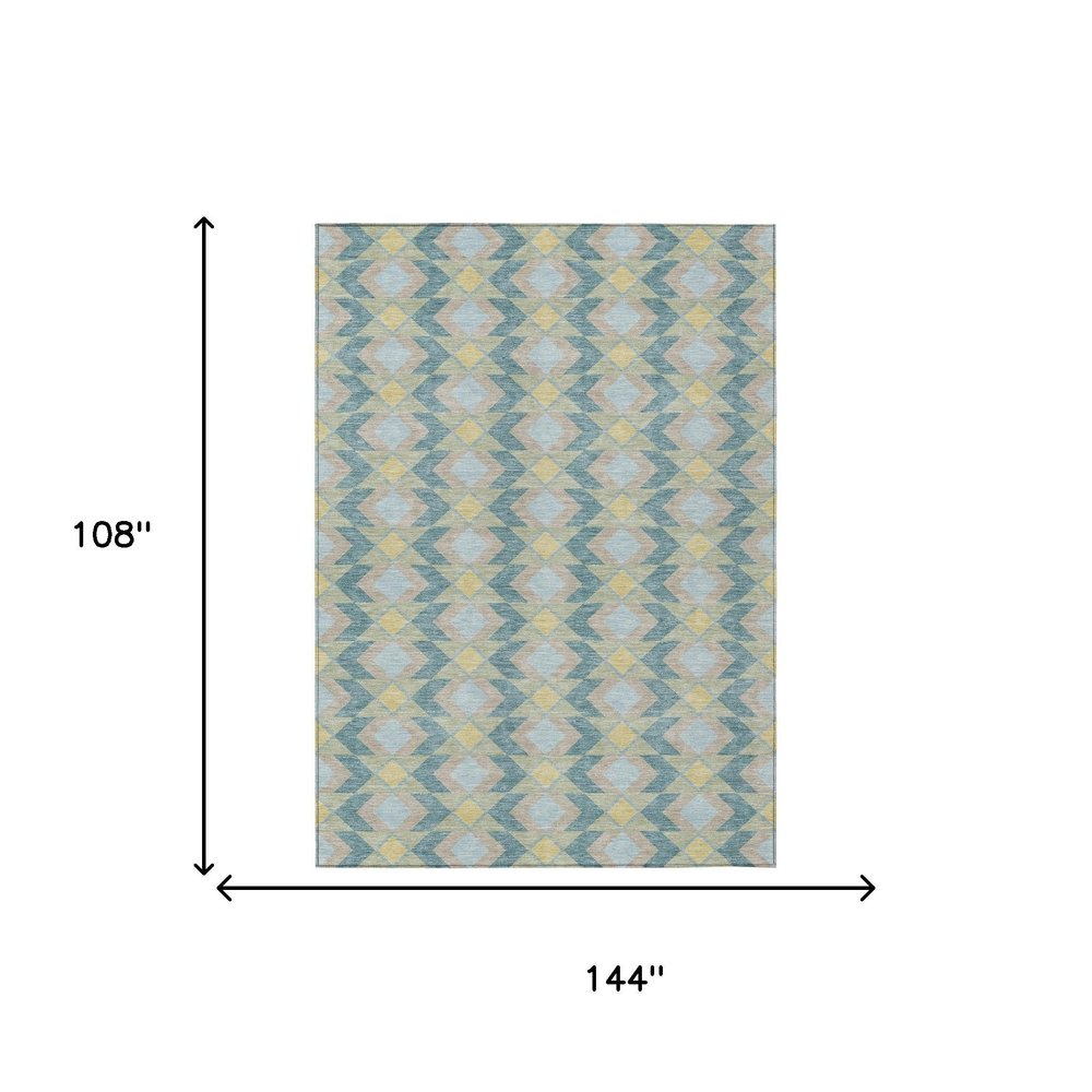 9' X 12' Teal Blue And Graphite Geometric Washable Indoor Outdoor Area Rug HomeRoots
