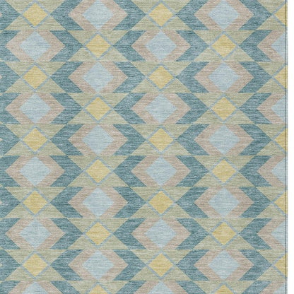 9' X 12' Teal Blue And Graphite Geometric Washable Indoor Outdoor Area Rug
