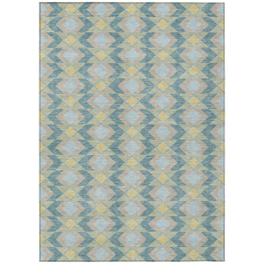 9' X 12' Teal Blue And Graphite Geometric Washable Indoor Outdoor Area Rug