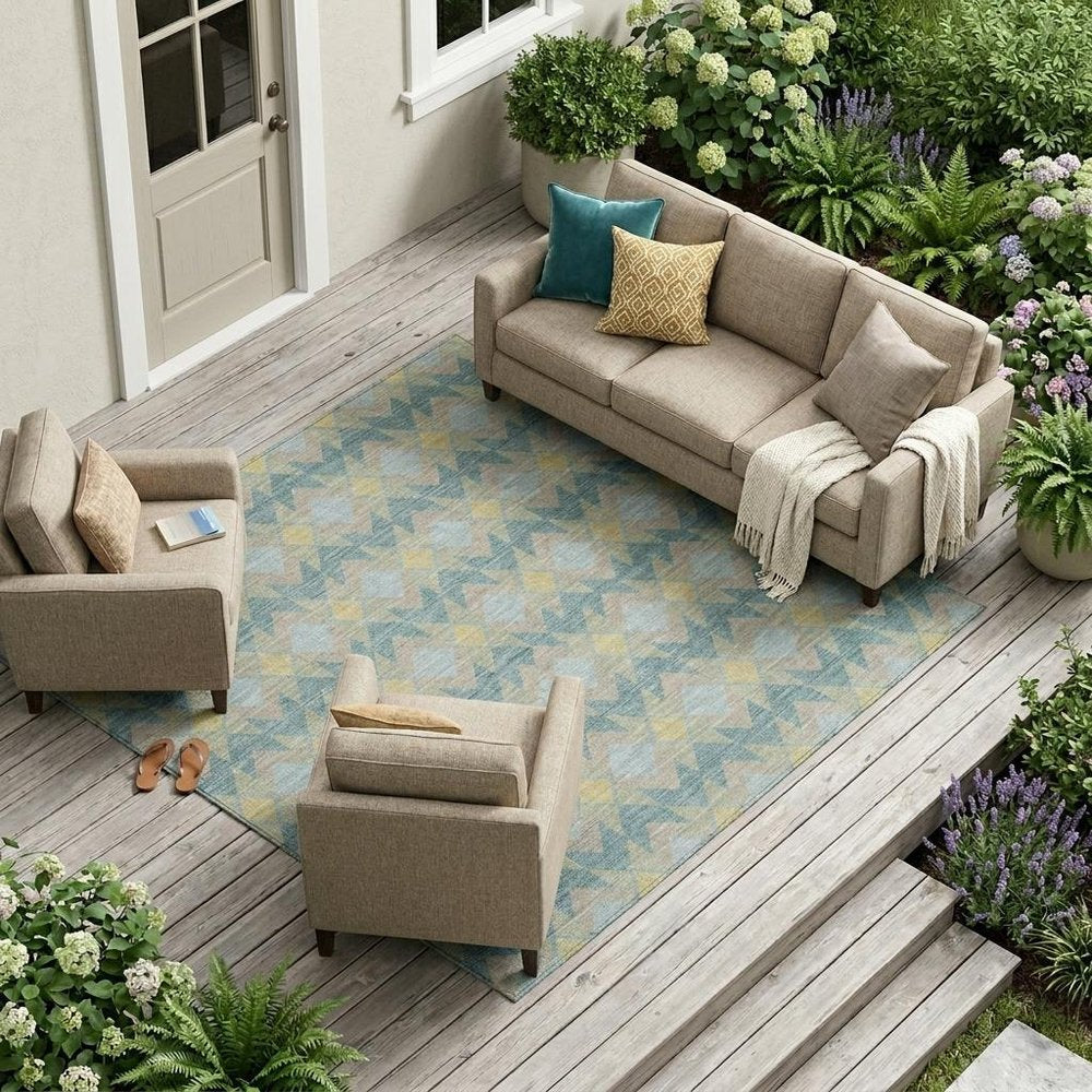 9' X 12' Teal Blue And Graphite Geometric Washable Indoor Outdoor Area Rug HomeRoots