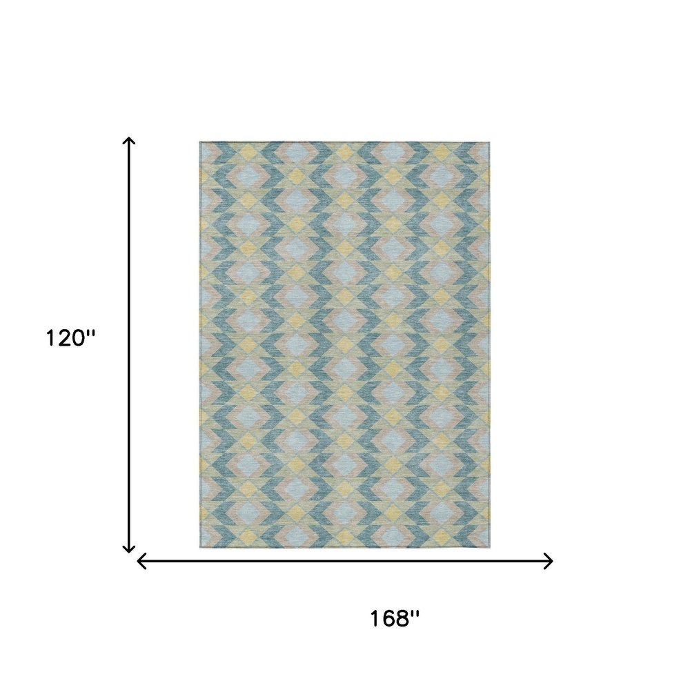 10' X 14' Teal Blue And Graphite Geometric Washable Indoor Outdoor Area Rug — view 6
