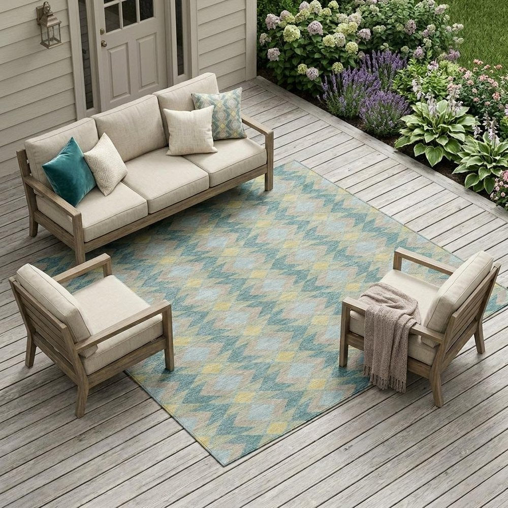 10' X 14' Teal Blue And Graphite Geometric Washable Indoor Outdoor Area Rug HomeRoots