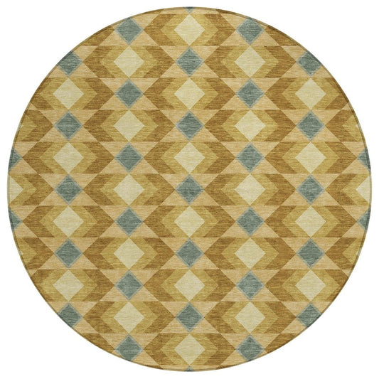 8' Walnut And Brown Round Geometric Washable Indoor Outdoor Area Rug