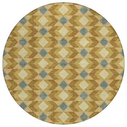 8' Walnut And Brown Round Geometric Washable Indoor Outdoor Area Rug