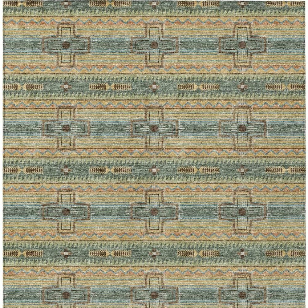 10' X 14' Green And Beige Tribal Washable Indoor Outdoor Area Rug — view 4