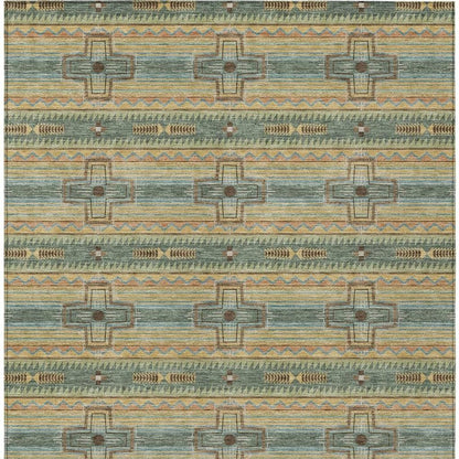 10' X 14' Green And Beige Tribal Washable Indoor Outdoor Area Rug
