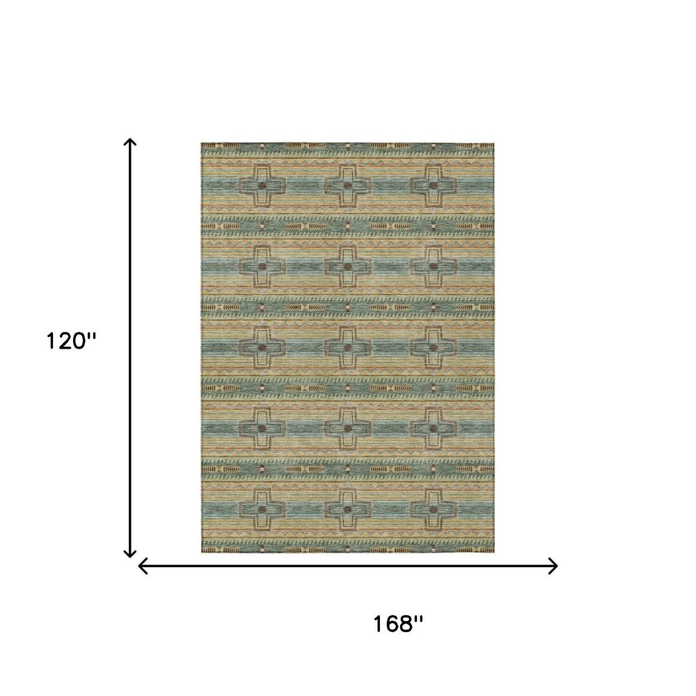 10' X 14' Green And Beige Tribal Washable Indoor Outdoor Area Rug