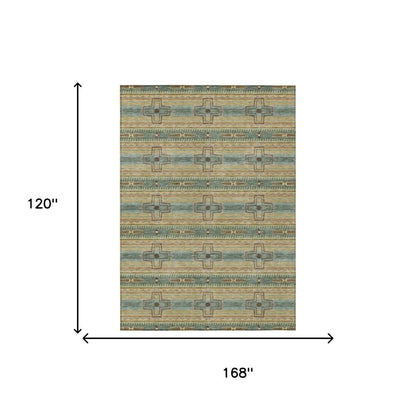 10' X 14' Green And Beige Tribal Washable Indoor Outdoor Area Rug