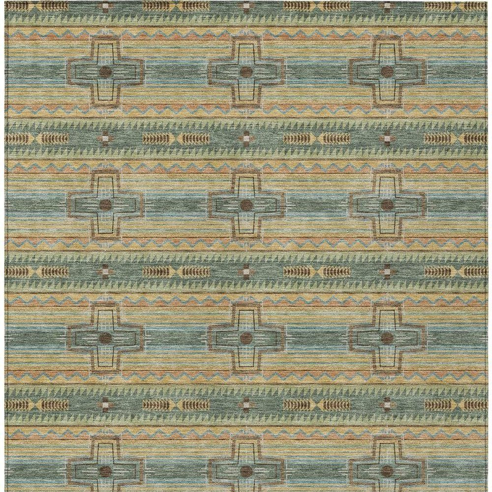 10' X 14' Green And Beige Tribal Washable Indoor Outdoor Area Rug