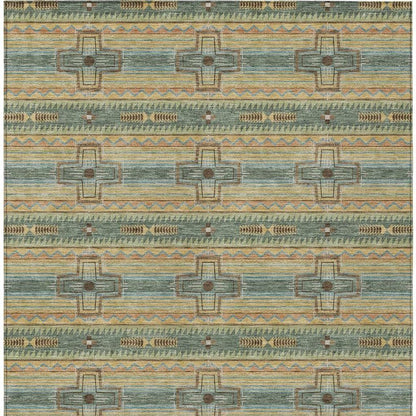 10' X 14' Green And Beige Tribal Washable Indoor Outdoor Area Rug