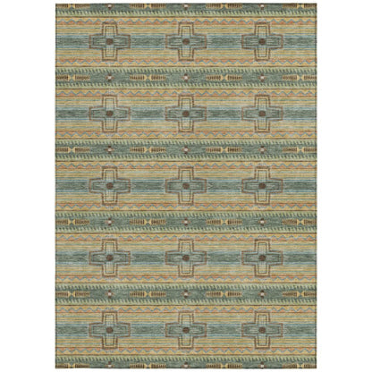 10' X 14' Green And Beige Tribal Washable Indoor Outdoor Area Rug