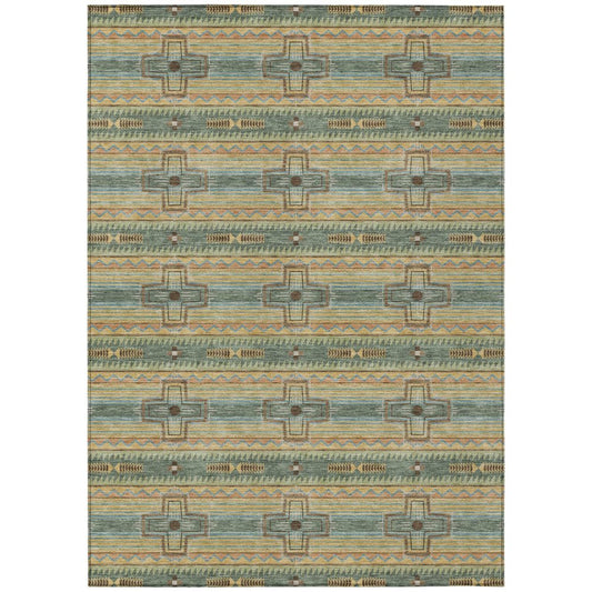 10' X 14' Green And Beige Tribal Washable Indoor Outdoor Area Rug