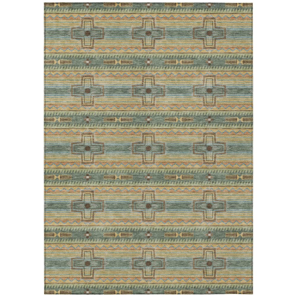 10' X 14' Green And Beige Tribal Washable Indoor Outdoor Area Rug