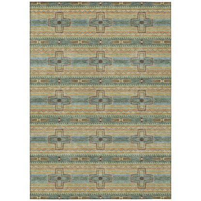 10' X 14' Green And Beige Tribal Washable Indoor Outdoor Area Rug