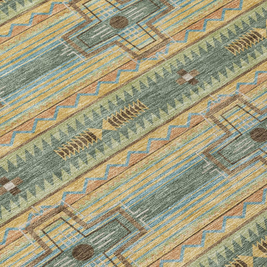 10' X 14' Green And Beige Tribal Washable Indoor Outdoor Area Rug