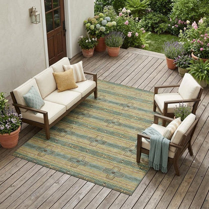 10' X 14' Green And Beige Tribal Washable Indoor Outdoor Area Rug