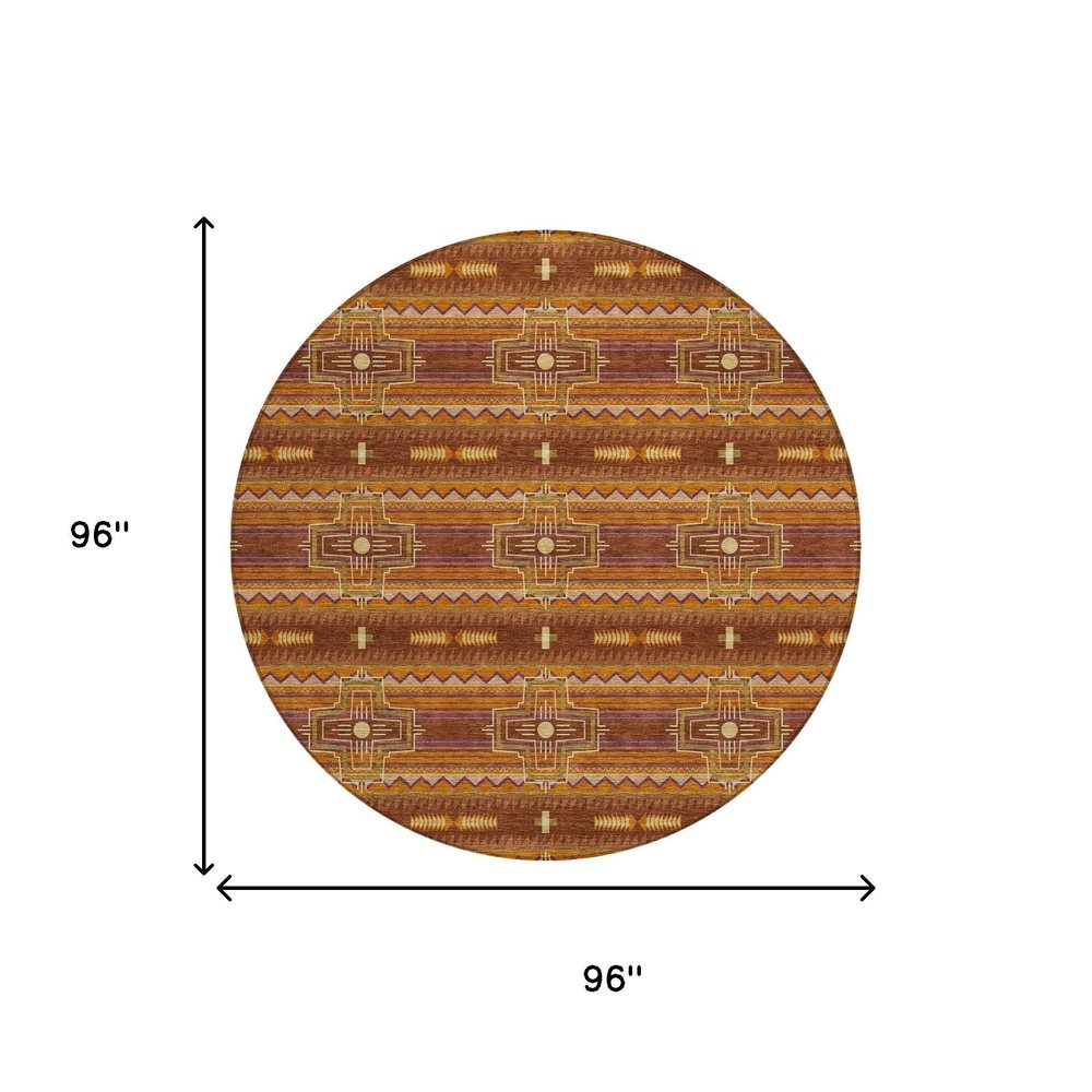 8' Red And Brown Round Tribal Washable Indoor Outdoor Area Rug