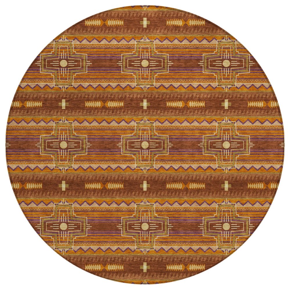 8' Red And Brown Round Tribal Washable Indoor Outdoor Area Rug