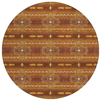 8' Red And Brown Round Tribal Washable Indoor Outdoor Area Rug HomeRoots