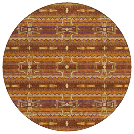 8' Red And Brown Round Tribal Washable Indoor Outdoor Area Rug