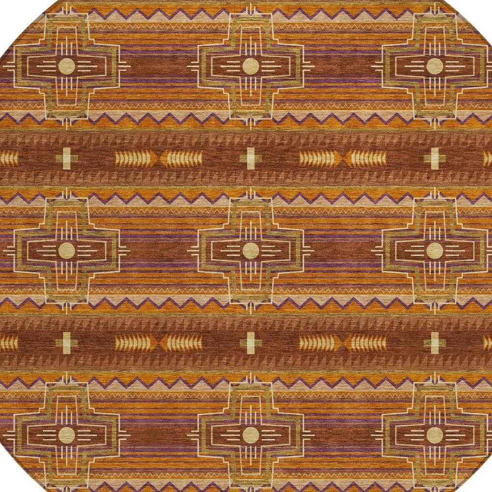 8' Red And Brown Round Tribal Washable Indoor Outdoor Area Rug — view 4
