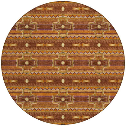 8' Red And Brown Round Tribal Washable Indoor Outdoor Area Rug