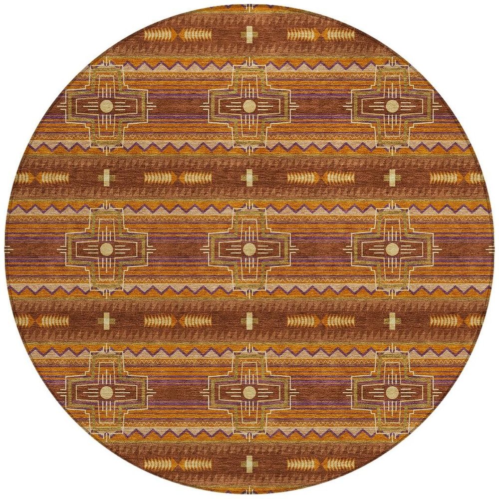 8' Red And Brown Round Tribal Washable Indoor Outdoor Area Rug HomeRoots