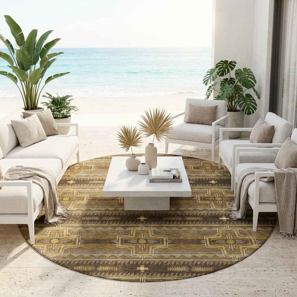 8' Chocolate And Brown Round Tribal Washable Indoor Outdoor Area Rug HomeRoots