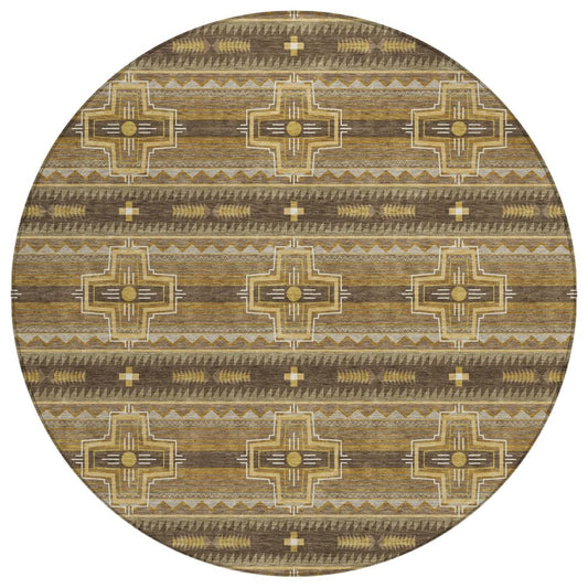 8' Chocolate And Brown Round Tribal Washable Indoor Outdoor Area Rug
