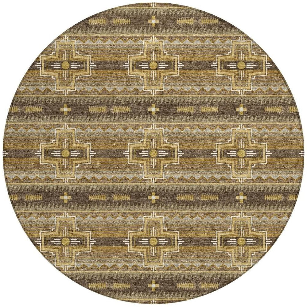 8' Chocolate And Brown Round Tribal Washable Indoor Outdoor Area Rug