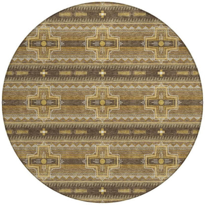 8' Chocolate And Brown Round Tribal Washable Indoor Outdoor Area Rug