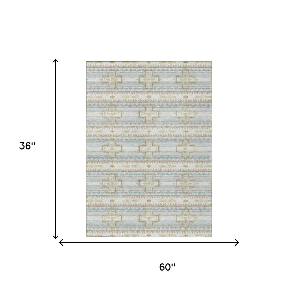 3' X 5' Ivory And Cream Tribal Washable Indoor Outdoor Area Rug