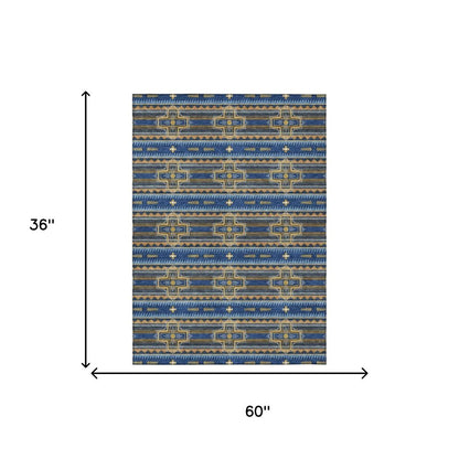 3' X 5' Navy Blue And Coral Tribal Washable Indoor Outdoor Area Rug HomeRoots