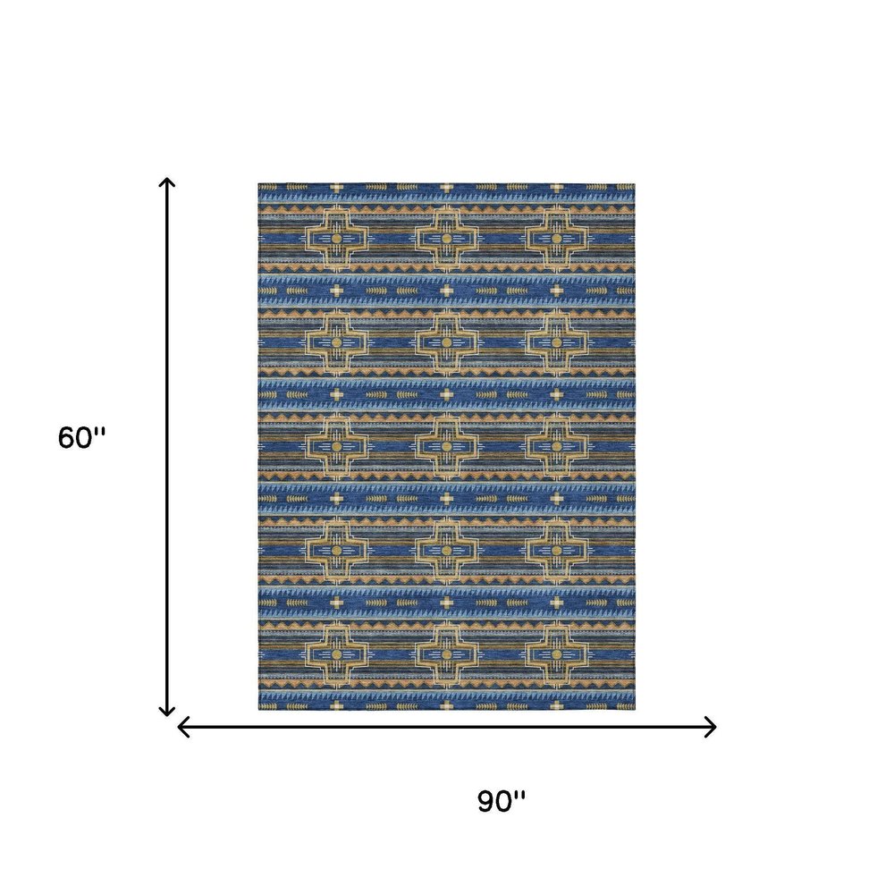 5' X 8' Navy Blue And Coral Tribal Washable Indoor Outdoor Area Rug HomeRoots