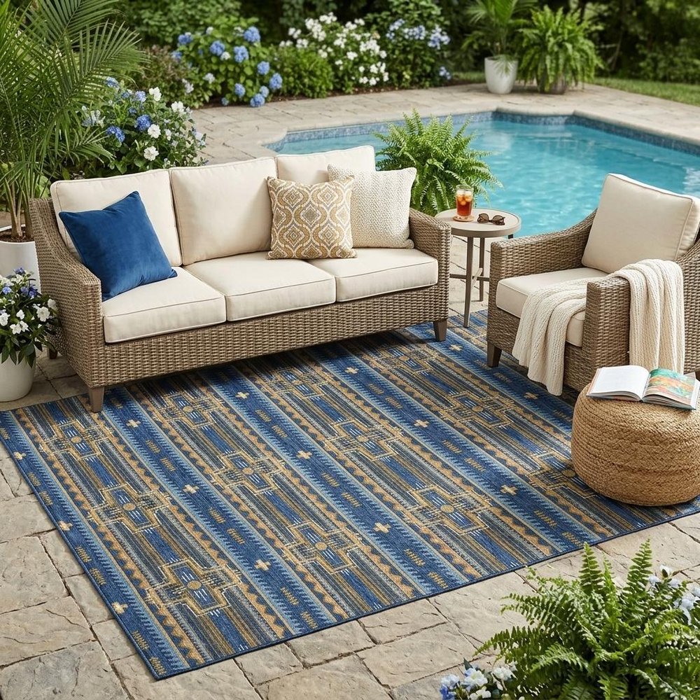 5' X 8' Navy Blue And Coral Tribal Washable Indoor Outdoor Area Rug HomeRoots