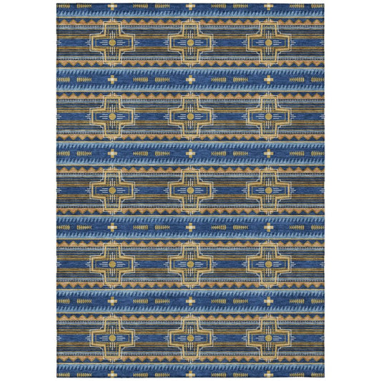 8' X 10' Navy Blue And Coral Tribal Washable Indoor Outdoor Area Rug